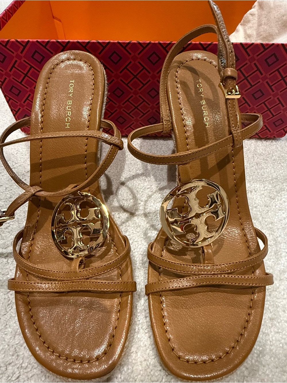 Tory Burch Women's Tan Leather Logo Sandals - Picture 2 of 5